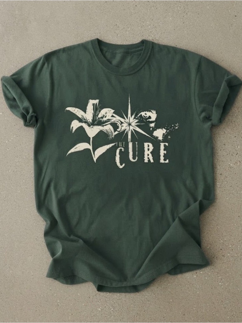 The Cure Graphic Floral Print Band Merch Green Gildan T-Shirt